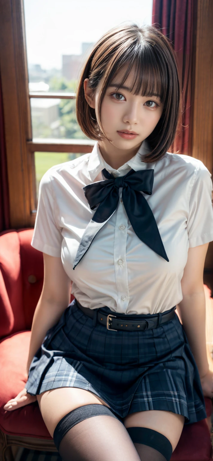 High resolution、High level image quality、8k、real live action、生picturegraphy、highest quality、masterpiece、table top、erotic、student、pink good,white skin,knees,(black pantyhose),Detailed pattern of panties、panties focus、pink panties、small panties、absurd,small face、huge breasts、前hairを真ん中から分けます、I can see the forehead,(cold look<eyeがきつめ,glare,strong,thin anger)、masterpiece,highest quality、超High resolution,生picture,Len,beautiful feces,There are 2 people,shy smile、whole body、very nice、JK uniform,high school girl,japanese woman,standing,（Photoreal：1.37）、photon mapping,light blue ribbon,realistic、beautiful feces顔,ブラウンeye、black socks、22 years old、adult woman、(red bow tie)、radio city、物理ベースのLenダリング、prospect、depth of field rally background、picture,with a girl,beautiful feet, long legs, thin legs,long bob cut,(前hairが見える), hair, lips, green_eye, nose soft,(white shirt), (navy pleated skirt), navy sailor suit、kneesが見える,thin clothing,とてもhuge breasts, thigh, black cotton socks,Nogizaka Idol, , japanese id、キラキラしたeye、光沢のあるlips、showing legs、low angle shot from below、No panties、No panties、