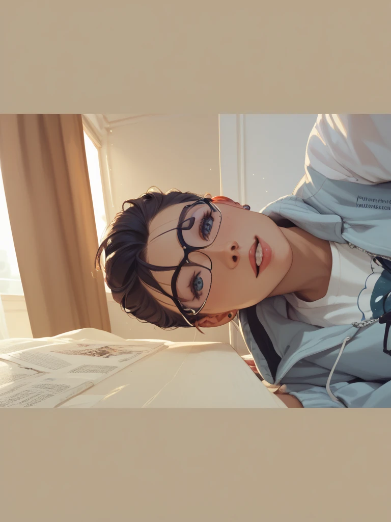 A girl sitting in front of the computer, with big glasses and a chubby body, With black hair