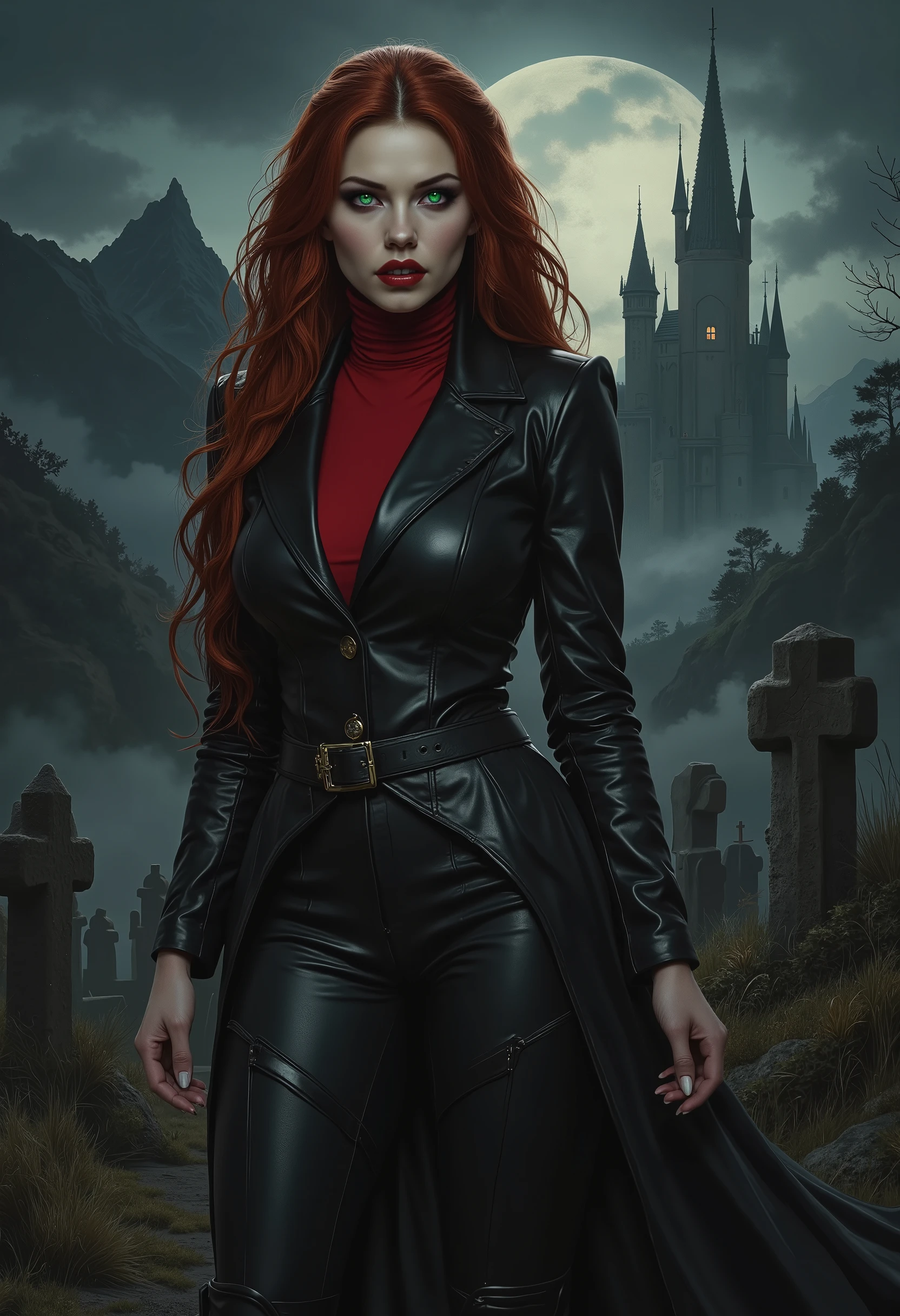 full body beautiful sensual sexy cool girl slightly open ((huge vampire fangs)) muscular body red wavy long hair emerald green eyes, white skin, red lips, round face full red lips high arched eyebrows thin waist long shapely legs full breasts broad shoulders black leather riding breeches black leather riding boots black leather riding blazer red high neck silk turtleneck standing in tall grass in a cemetery at night fog twilight in the distance silhouette of a castle on a mountaintop