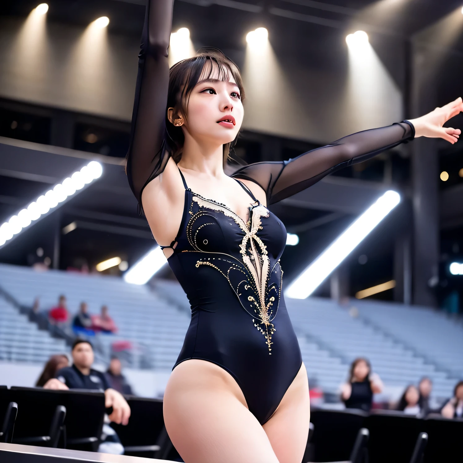 A breathtakingly beautiful 20-year-old woman performs a rhythmic gymnastics routine in a grand competition hall, adorned in an exquisitely designed leotard that enhances the elegance of her movements. The long ribbon swirls through the air, tracing intricate patterns that dance in harmony with her fluid motions. The stage lighting casts a soft glow, accentuating the breathtaking combination of grace, flexibility, and precision in her performance. Long hair, dark hair, dark eyes. 