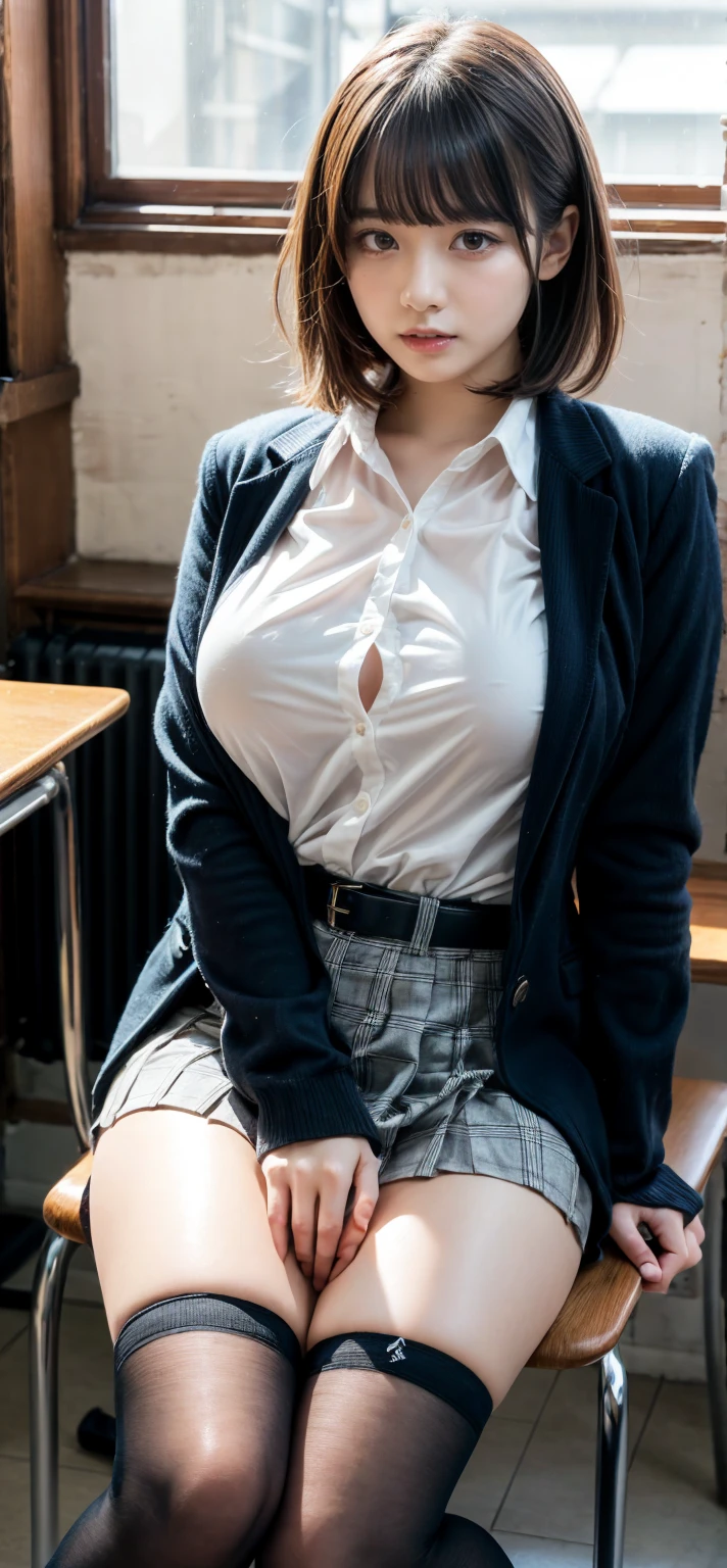 (8k,Ultra-high resolution,Highest quality,masterpiece,Realistic,Ultra-high resolution,High-quality RAW color photos,Professional photos,Realistic,Realistic),Natural skin texture,Fine skin,Hyperrealism,Intricate details,Adult women,Eye highlights.Lip gloss,Glossy Lips,(Cute smile,hair,Dark blonde hair,bangs),(((gigantic breast,Big Breasts))),(Schoolgirl uniform,(White Cutter Shirt,Thong),gray pleated mini skirt,tie),Urban area,((face focus,Staring at the audience)),See-through nipples