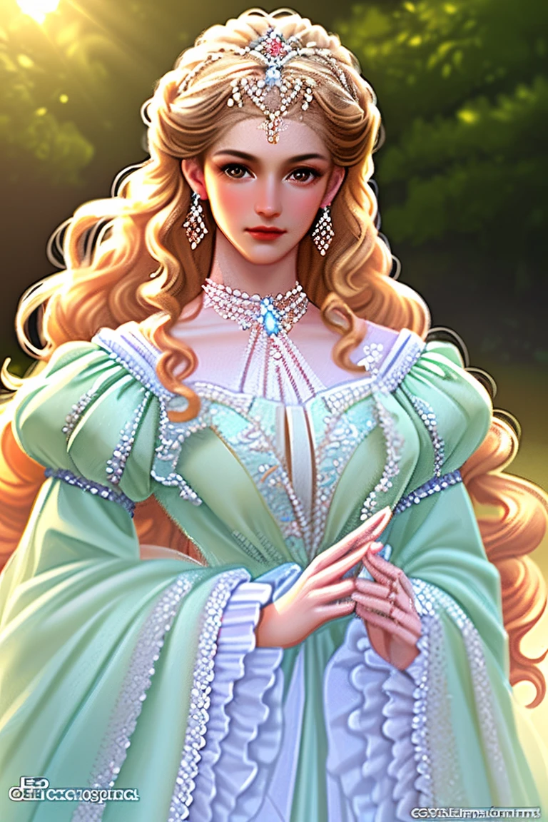 portrait of beautiful princess, gold blond hair, teen 16 years old, (magic forest background), pale skin, delicate and pretty detailed face, detailed and realistic bright blue eyes, dark and long lashes, dark brown, fairy and flowers, wild flowers blending into hair, medieval blue elegant long dress,  silver necklace with crescent moon pendant, full body, hyperdetailed painting, luminism, Bar lighting, complex, 4k resolution concept art portrait by Greg Rutkowski, fractal isometrics details bioluminescens : a stunning realistic photograph-upscale -
