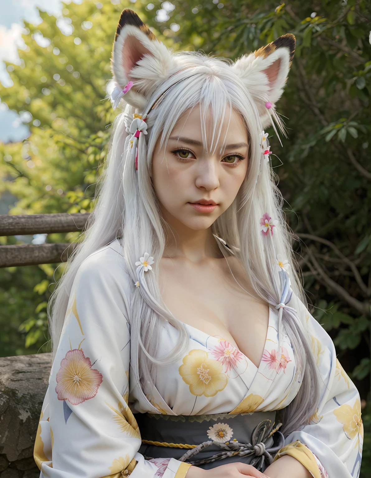 Fujiwara no Mokou(from desire) In the bamboo forest. she is big . she has white hair, conjunctivitis. She wore a white shirt., sit, nighttime, moon, hair ribbon, stare