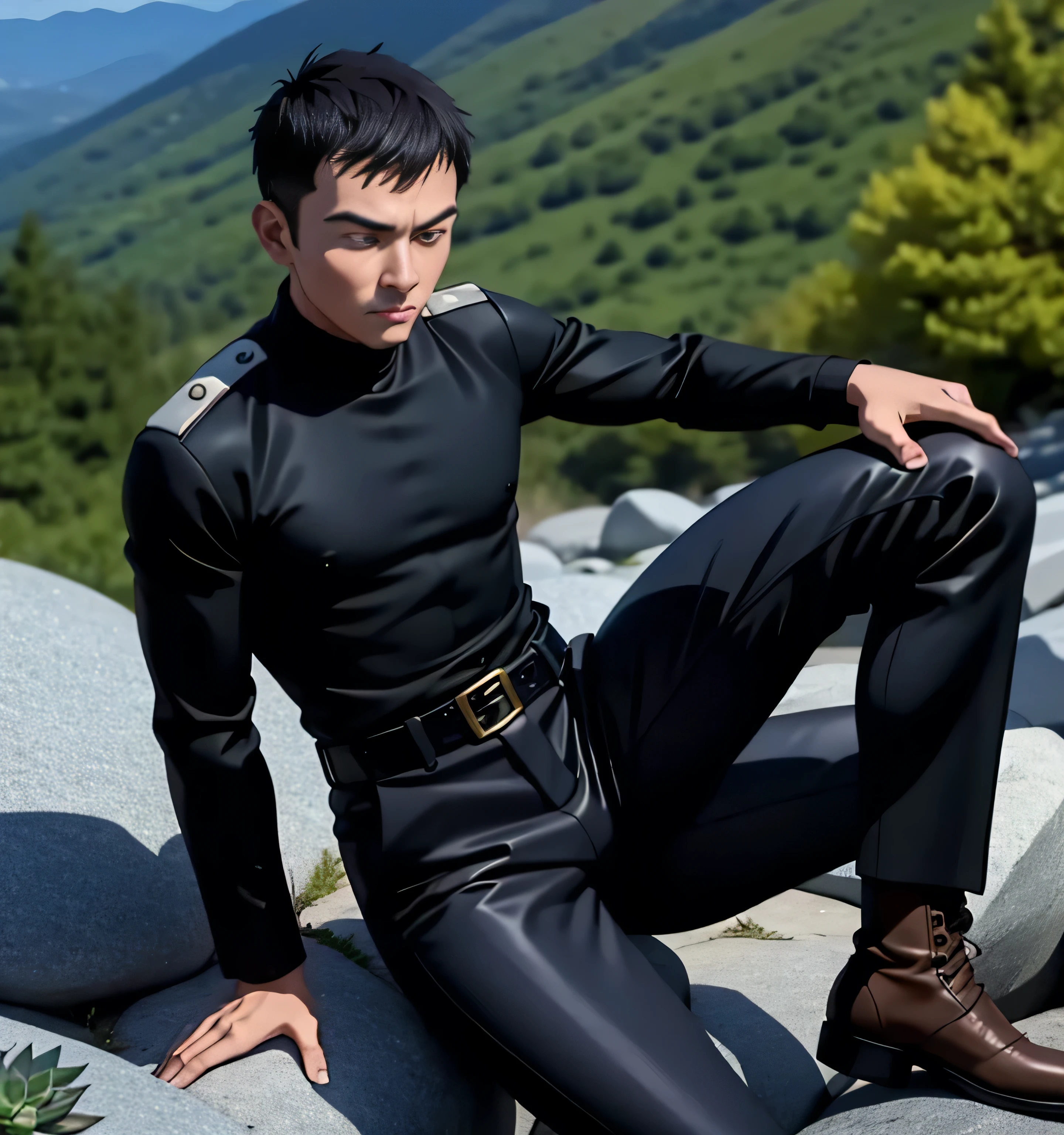 40 years old,one man,、succulent、black turtleneck shirt、black leather slim pants、Shocker Belt、Combatant、Mountain trail。Sit on a rock with your legs wide open。logic,Gay , Hair、very short hair。 front succulentの大柄の男 Hairの Hair Iraqi Faces military boots upper body up as seen from below。upper body up