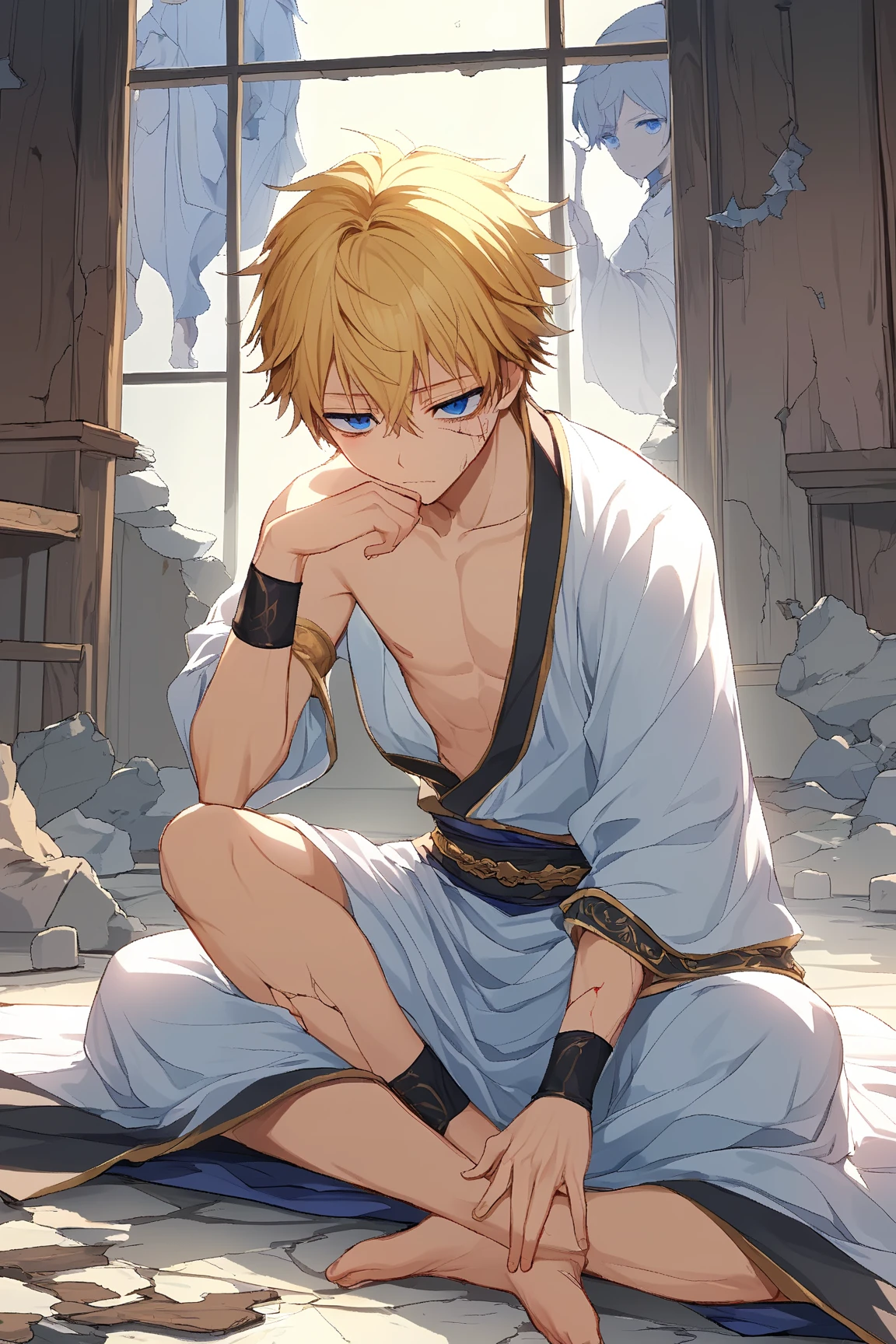 masterpiece, best quality, high quality,  1boy,10yo, , duo, male focus, full body, looking at viewer, light yellow hair, brown eye,spiky hairstyle, short hair, steam smork, japan style,  anime coloring, shy, home muji style, detailed face, topless, white towel on waist,white silk, outdoor, sweat, open legs, kissing
