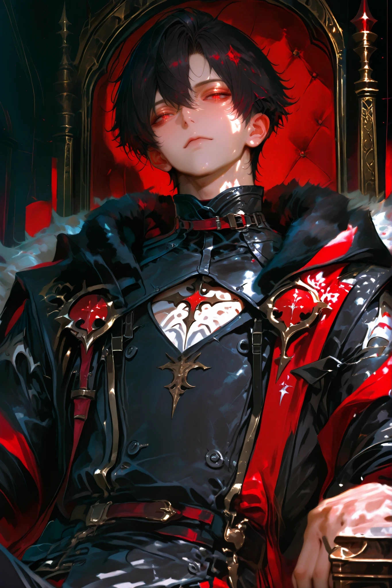 masterpiece, best quality, (Detailed Eyes: 1.2), boy, male, handsome, fantasy, red eye, shortcut black hair, semi realistic, black medieval suit with crimson color accessories, looking at viewer, emotionless face, solo character, sitting on throne
