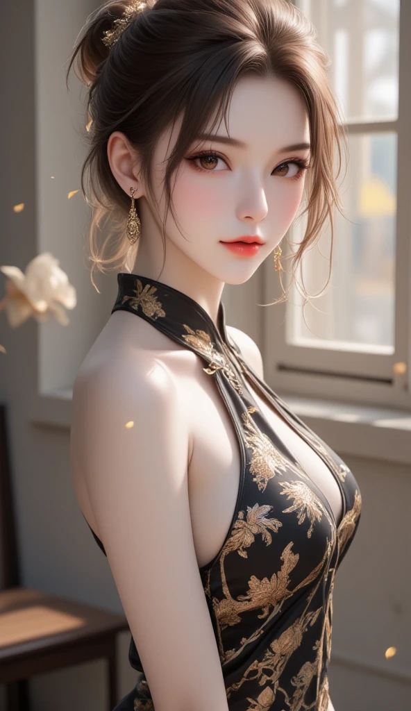 (absurd quality、8k、16k、high-res、 masterpiece:1.2)、ultra detailed、UHD、(realism、photorealistic)、(1woman:1.3 22-year-old)、BREAK、brown_eyes:1.21、((Fujicolor、daytime soft lighting)、fashion supermodel、(firm normal breasts)、(perfect proportions)、(anatomically correct)、((perfect female body))、((curly hair:1.3(slicked to the two side)Intricately detailed))、(BREAK pink_makeup:1.2)、(detailed symmetrical lips:1.3))、BREAK、pink_lipstick:1.21、BREAK (perfect dark_eyeshadows:1.3)、(Detailed nose:1.2)、(perfect composition)、(BREAK、Classic and sexy Intricately detailed  blue cheongsam、Detailed decoration:1.2)、(Fitted clothing:1.3)、dynamic pose