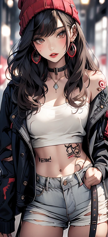 (((masterpiece, best quality, high resolution)))), Extremely detailed 8K, (mature female:1.5) (Ultra HD, Ultra-detailed, Highly detailed, Highly realistic, Ultra-realistic, photograph realistic), (1girl:1.5), (solo:2), (very cute), black hair, (long Thick hair) (pale skin) long wavy hair, black eyes, smile, parted lips, happy, (large breasts:1.2), cute face, freckles, desert background, rocks, wasteland, (mad max style:1.3), desert punk, ((Shabby clothing) wasteland clothes, leather jacket, cleavage, (bodypaint, tattos on body), lowered military pants, black bandana, Bare belly,) a desert survivor, dreary atmosphere, apocalyptic war, dirty hair, Bodypaint, smoke, (dynamic poses) (cowboy shot)
