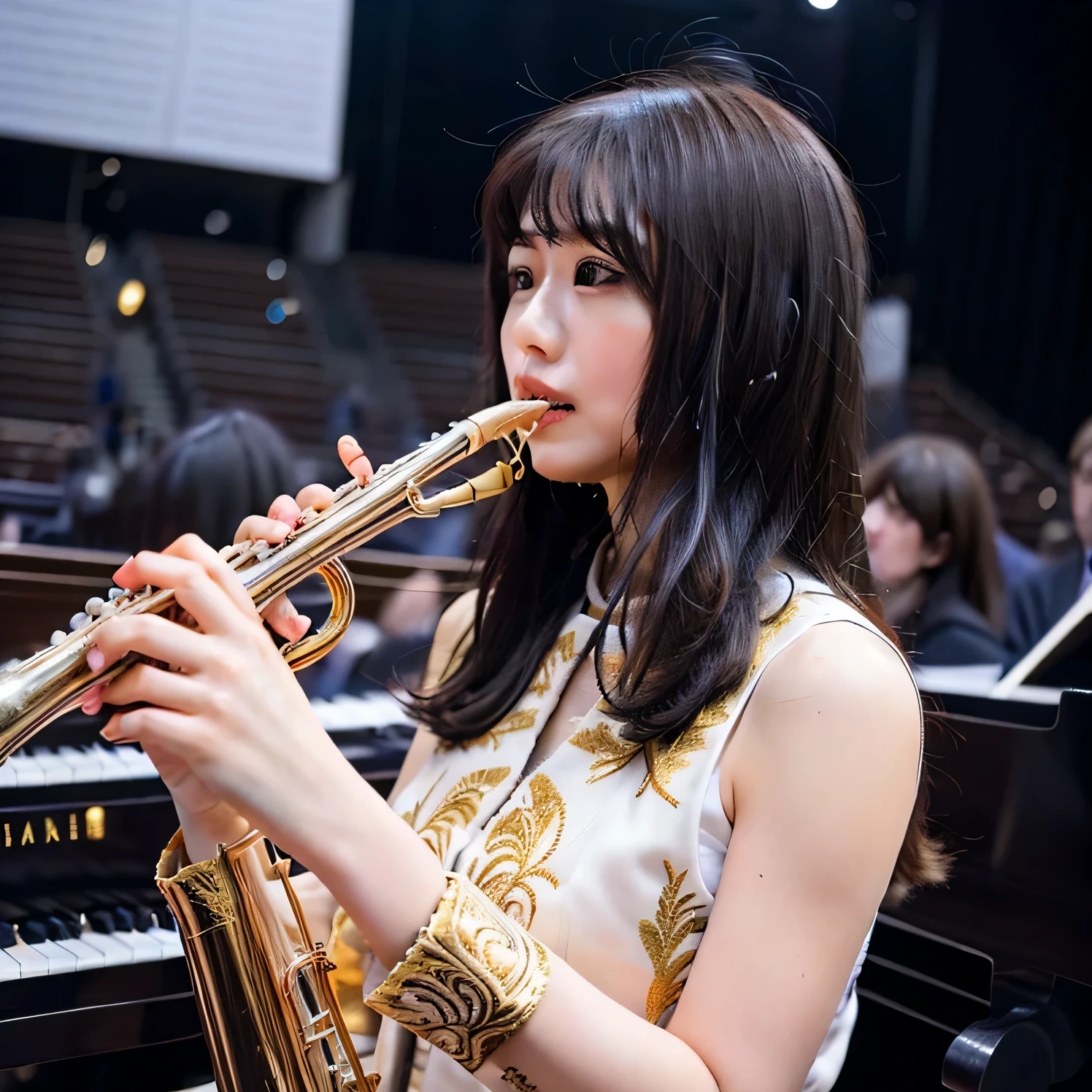 Depict a 20-year-old, dazzlingly beautiful woman playing a brass instrument in a grand concert hall. She wears an elegant yet practical band uniform, designed with intricate gold embroidery. Her posture is poised, fingers positioned with precision, her eyes focused as she plays passionately. The warm stage lighting highlights the shine of her instrument, creating a visually striking contrast between her and the surrounding orchestra. Long hair, dark hair, dark eyes.
