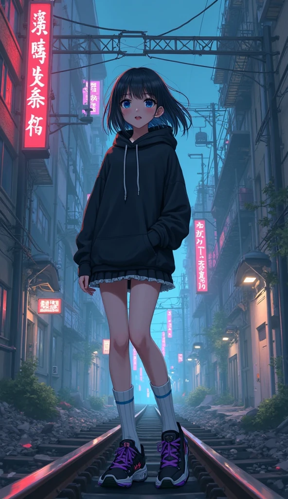 masterpiece, Best Quality, high resolution, very detailed,(((pretty girl with dark hair))), (((Japanese anime))), (((short hair))), (((black hoodie))), (((black mini skirt))), (((white high socks))), (((black sneakers with purple around))), (((in cyberpunk city))), (((Outdoors))), (((night))), (((ruins))), (((There is a railroad crossing behind))), (((standing))), (((smile))), (((blue eyes))),