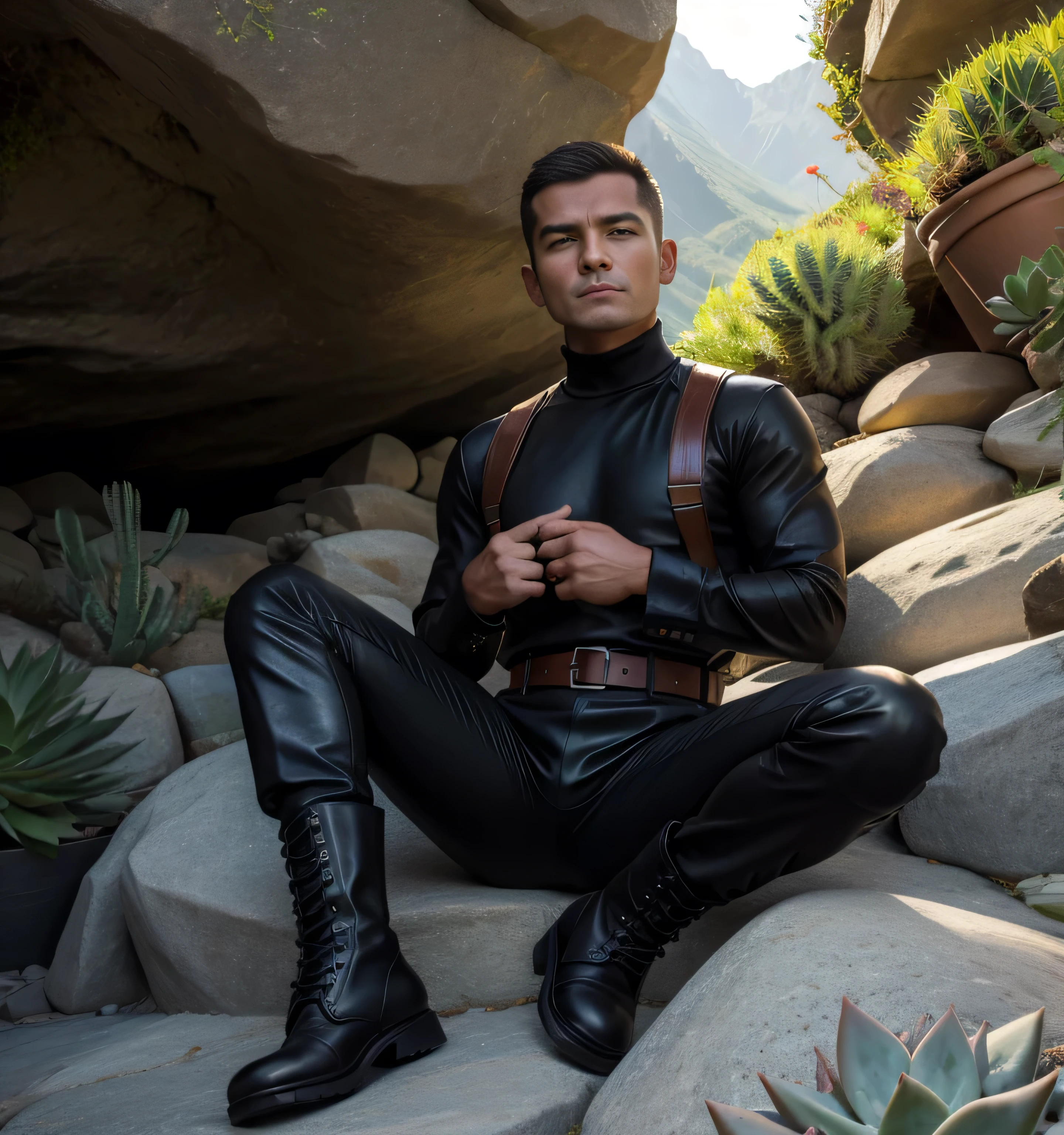 40 years old,one man,、succulent、black turtleneck shirt、black leather slim pants、Shocker Belt、Combatant、Mountain trail。Sit on a rock with your legs wide open。logic,Gay , Hair、very short hair。 front succulentの大柄の男 Hairの Hair arabic face military boots upper body up as seen from below。