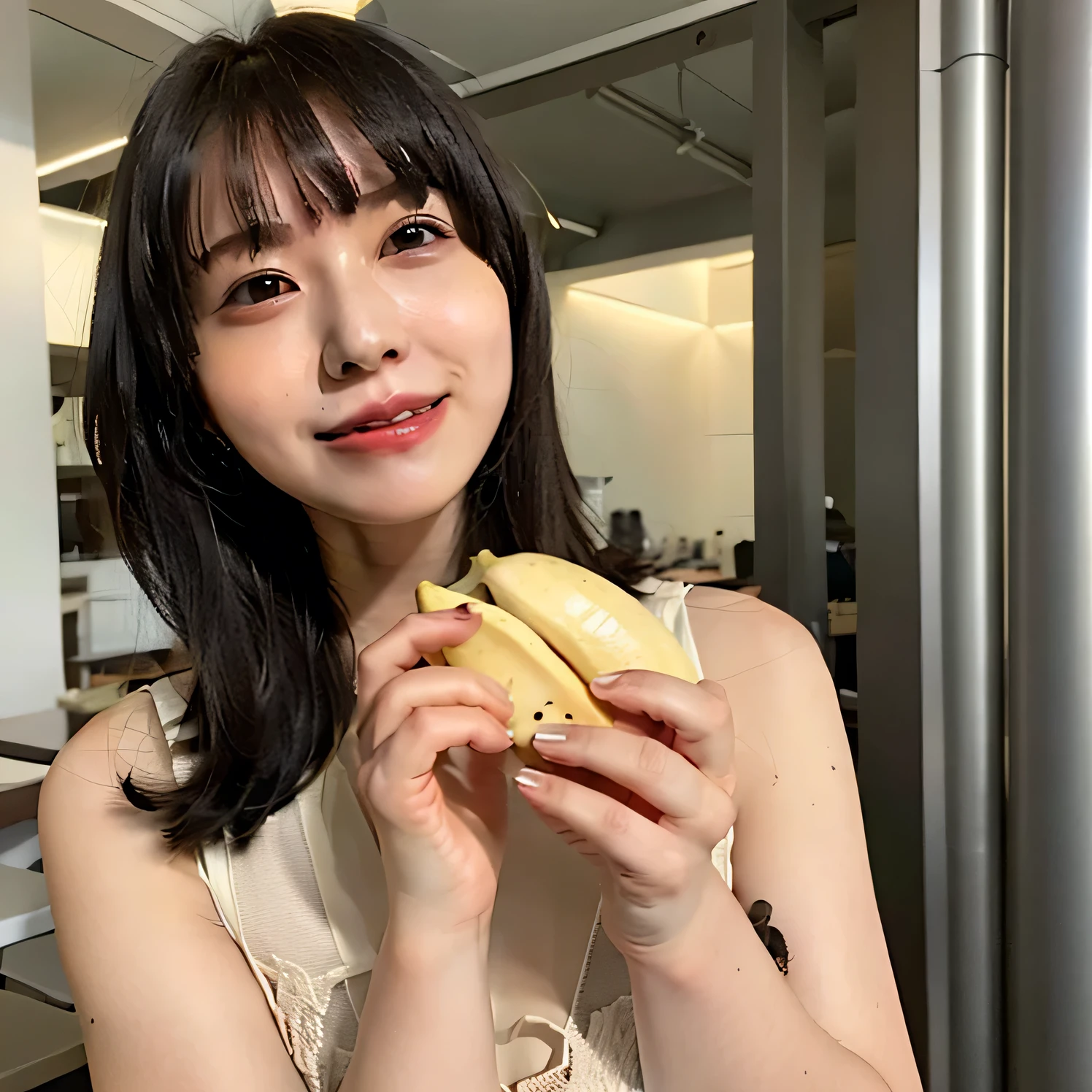 She is holding a banana with its peel partially removed, revealing the white fruit inside. She is eating the exposed white part. Long hair, dark hair, dark eyes.