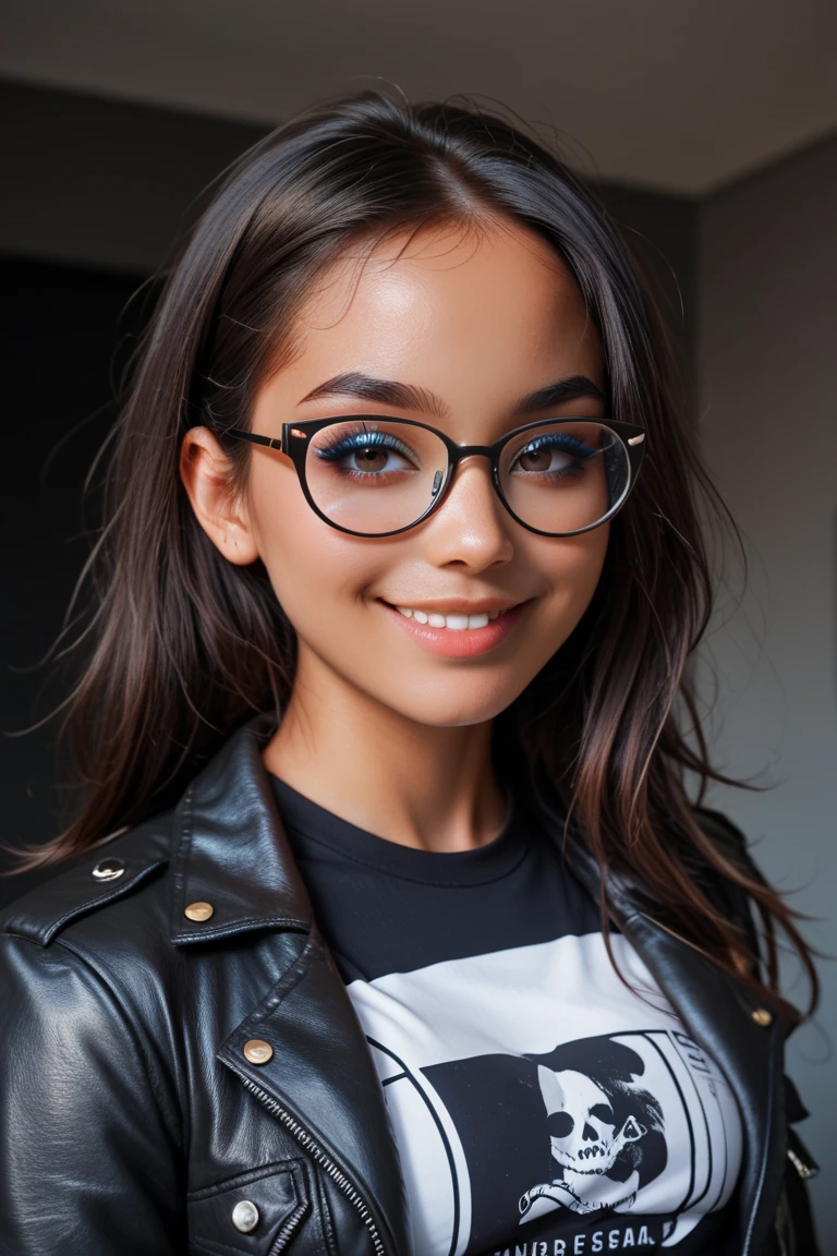Rosto redondo, bochechas rosadas, cabelos castanhos com uma mecha preta, orelhas de lobo da cor do cabelo, olhos verdes esmeralda, round glasses