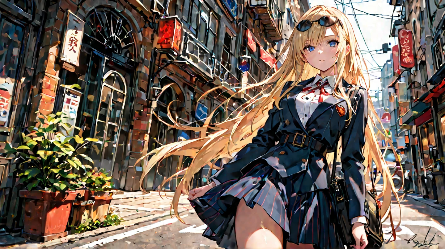 Striking and photorealistic 2.5D moe anime style. Mami, a good-looking and talented high school girl with long, flowing dark blonde hair, stands confidently in front of a modern, magnificent school building reminiscent of a school town. She wears a sailor uniform, the bright colors of the black and white fabric and red sailor tie adding to her allure. Her costume is elegant and traditional, and her feminine mami pose is reminiscent of a traditional , which must be both graceful and alluring. Her hair, tie, and skirt flutter in the wind. Her companion is a tuxedo-clad, first-generation butler, who stands behind her as her caretaker. The background is a futuristic school, bright and surrealistic colors, and other futuristic fantasy elements abound to create a magical school atmosphere. The traditional Japanese beauty and fantasy elements are fused together to create a cool and stylish mami. Enhance the overall quality and detail and provide new patterns for variation. Increase the resolution and quality to the extreme values and challenge yourself to draw deeply and richly in ultra-fine detail.