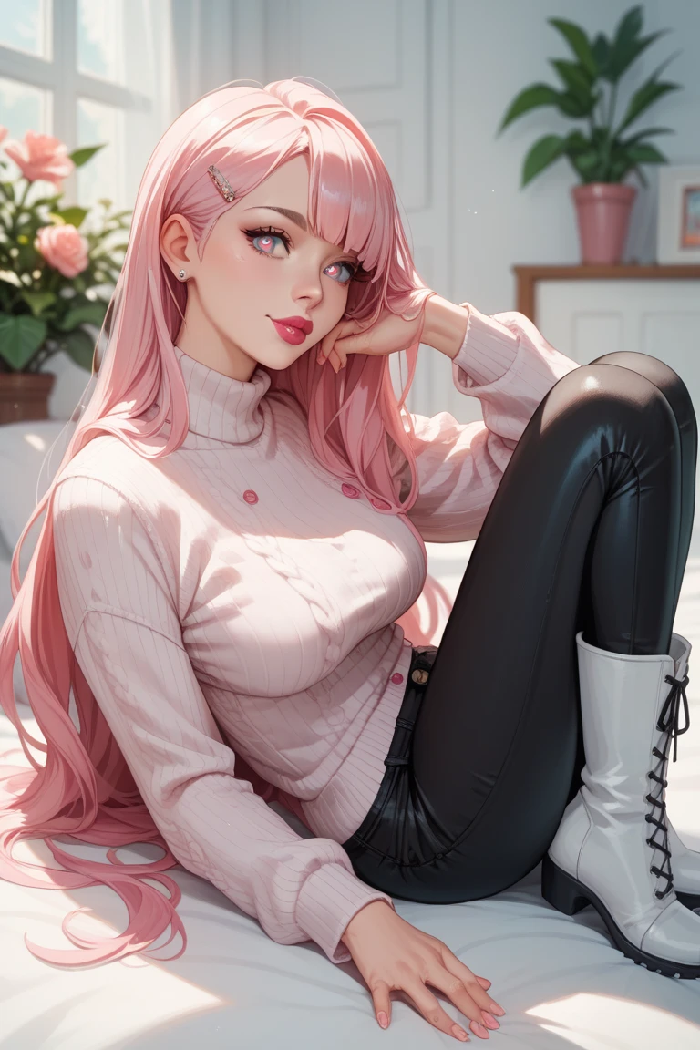 best quality, 32k, RAW photo, incredibly absurdres, extremely detailed, delicate texture, cute woman, (high kick pose), glasses, two side up messy wavy hair, wearing fluffy long-pile knit sweater, fluffy skirt, amorous and lewd expression, superlative body proportion, black pantyhose, black engineer boots, background iridescent pastel color