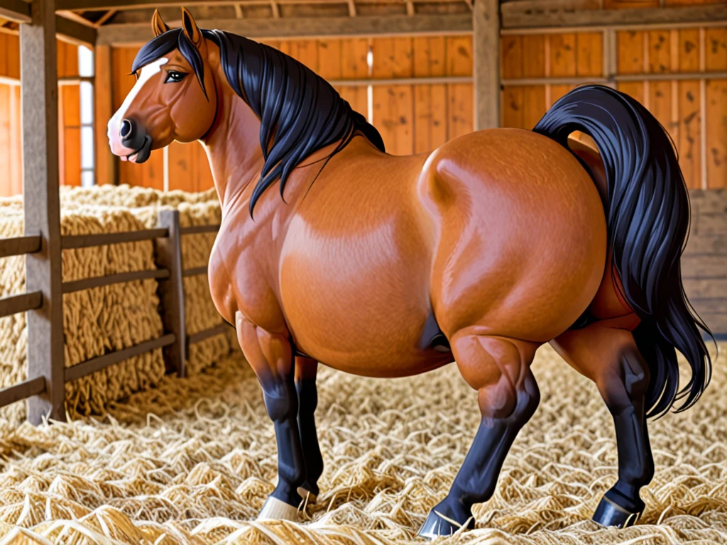 Horse, plump pussy, dripping wet pussy, large ass, large breast, dildo in anus, being watched, wearing hooker outfit