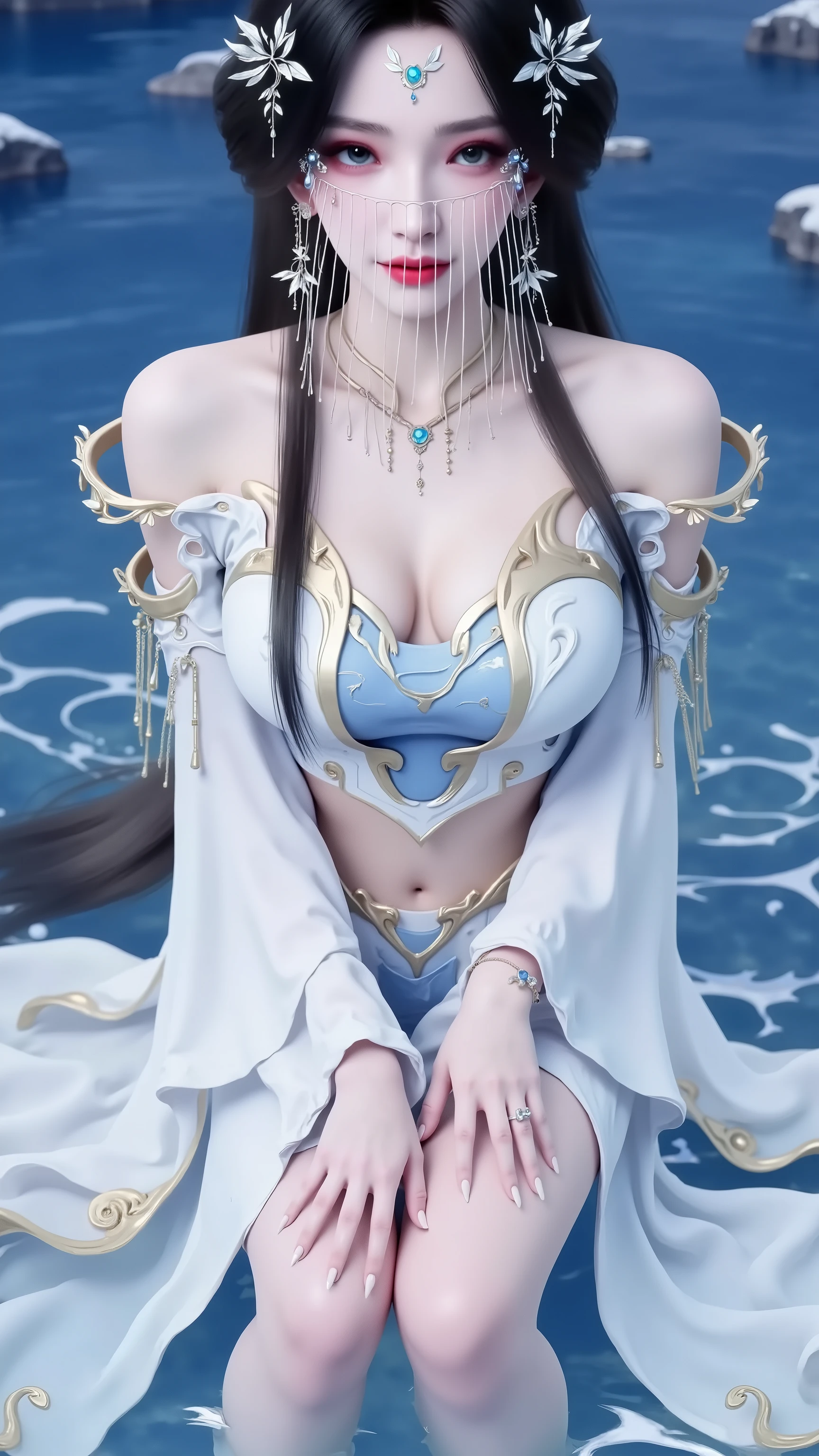 The Arad woman in a blue dress sits at the table, closeup fantasy with water magic, 2. 5 D CGI anime fantasy artwork, Anime fantasy illustration, Detailed digital anime art, beautiful fantasy anime, Smooth anime CG art, Anime fantasy artwork, 8K high quality detailed art, Realistic anime 3 D style, ultra detailed water, beautiful and seductive anime woman