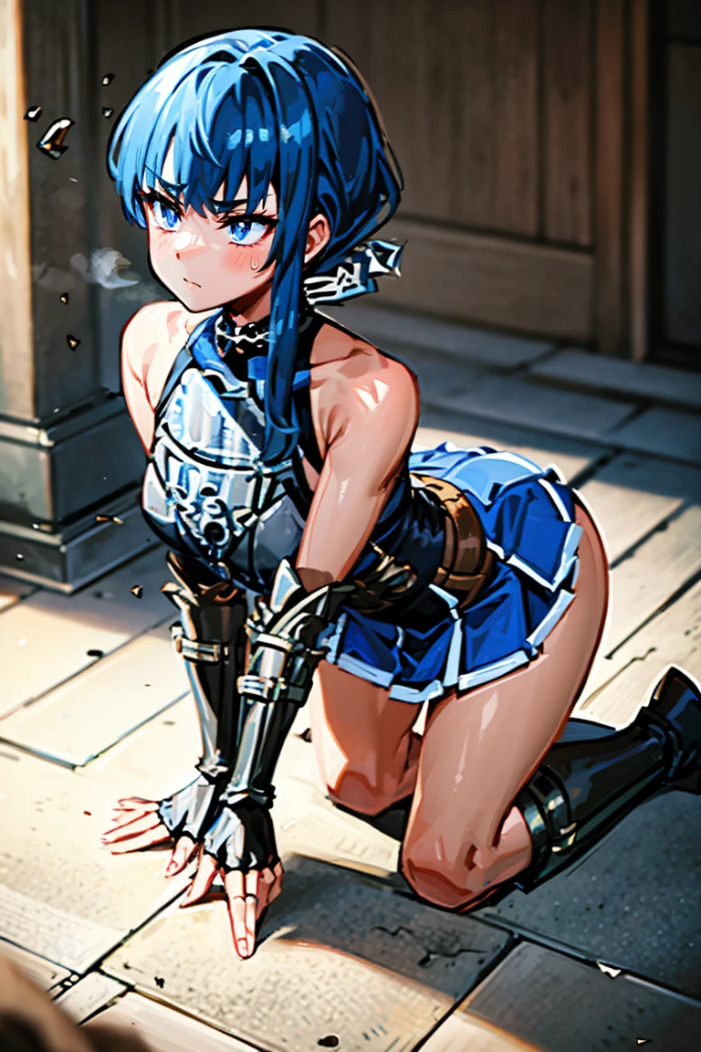 NSFW,masterpiece,Highest quality,High resolution,Super detailed,Sinon\(Sword Art Online\),armor,breastplate,Hand guard,leotard,skirt,gem, hair ornaments, Hair Clip,Embarrassed,Watery eye,smile,blush,Fantasy,inn,indoor,Leg spread