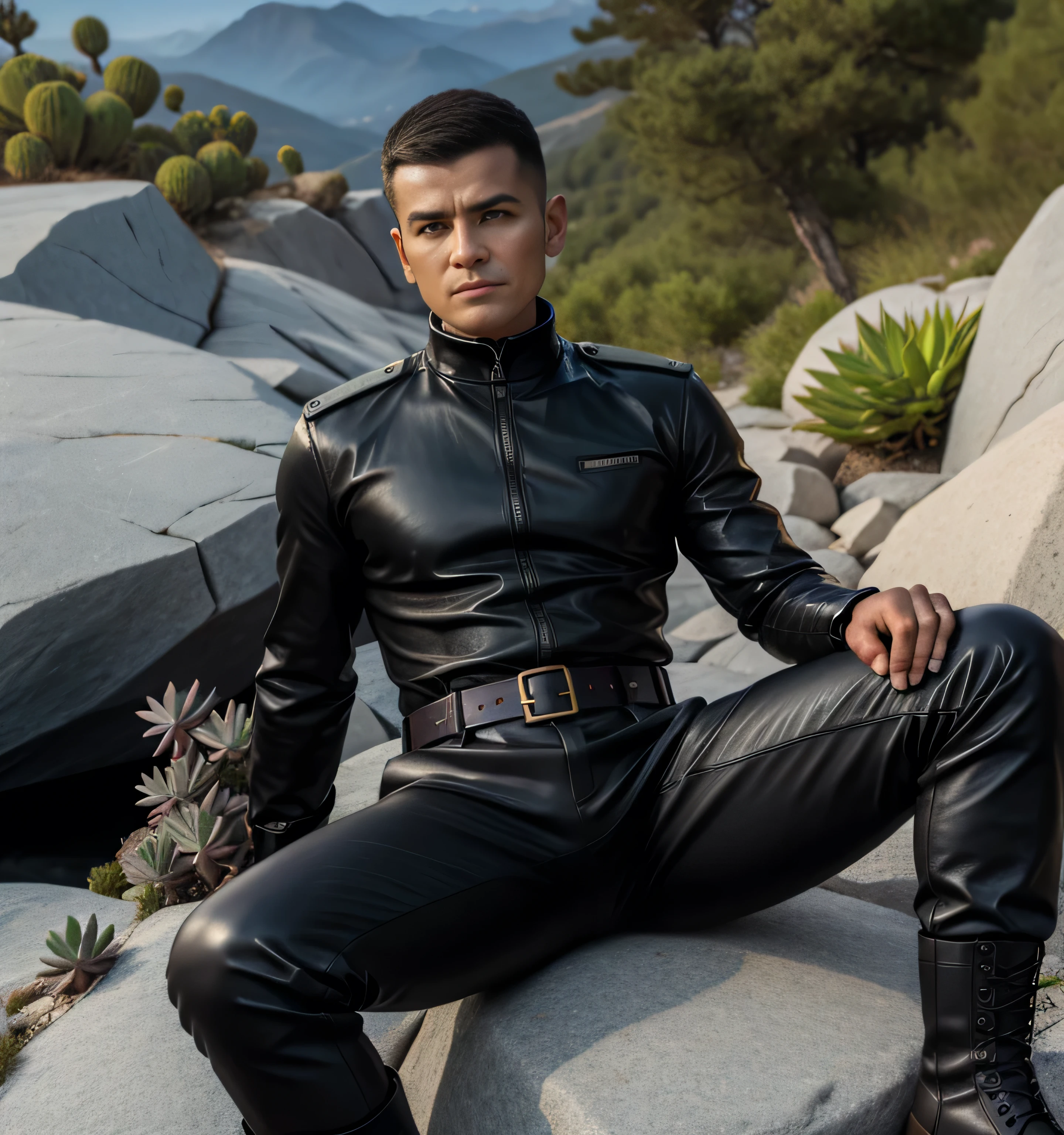 40 years old,one man,、succulent、black turtleneck shirt、black leather slim pants、Shocker Belt、Combatant、Mountain trail。Sit on a rock with your legs wide open。logic,Gay , Hair、very short hair。 front succulentの大柄の男 Hairの Hair Iraqi Faces military boots upper body up as seen from below。upper body up