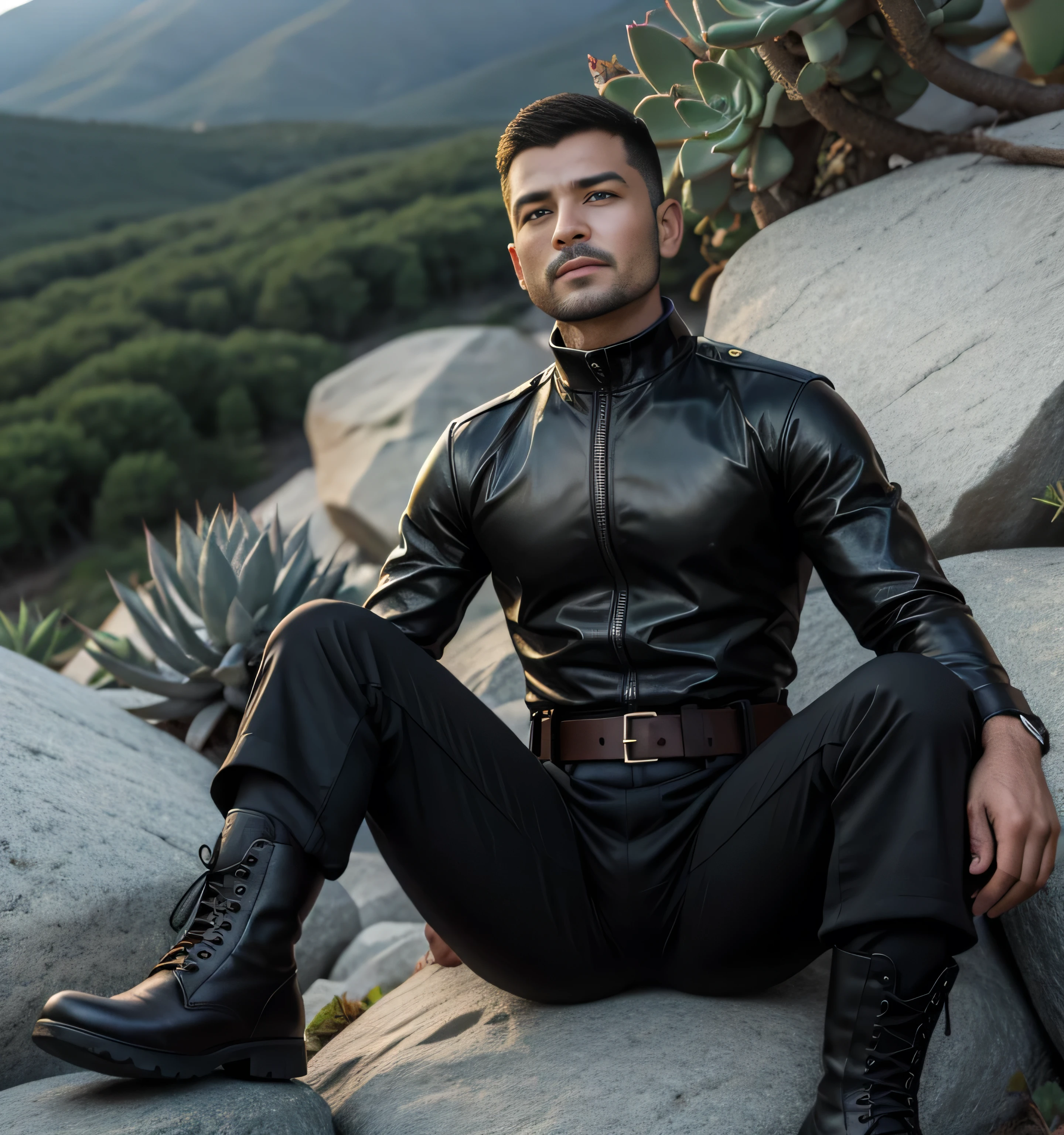 40 years old,one man,、succulent、black turtleneck shirt、black leather slim pants、Shocker Belt、Combatant、Mountain trail。Sit on a rock with your legs wide open。logic,Gay , Hair、very short hair。 front succulentの大柄の男 Hairの Hair Iraqi Faces military boots upper body up as seen from below。upper body up