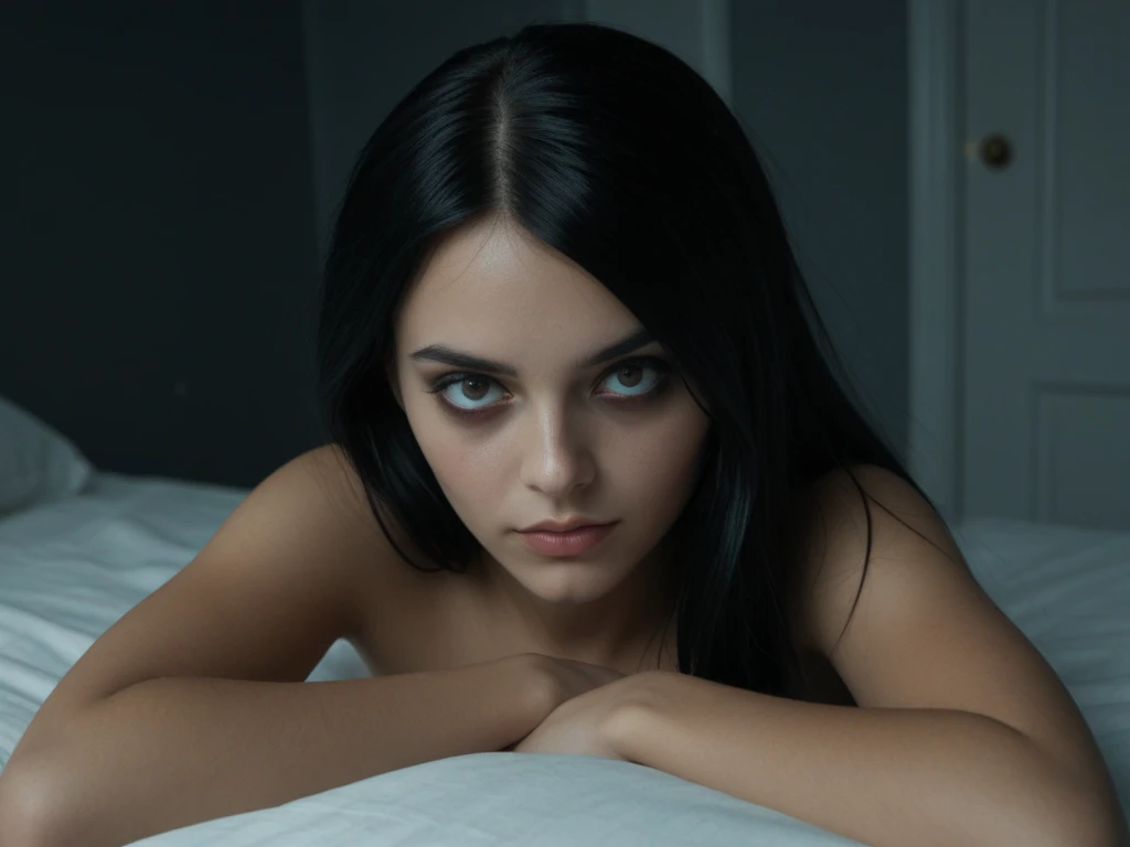 Girl 1 , long black hair perfect body, naked illuminated by the moon, in the bedroom , pose selfie, dark, I see I don't see , light dark , sexy pose, selfie