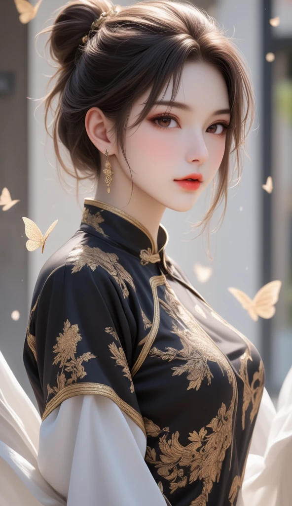 (1 girl is standing with cheongsam:1.1), from right side, portrait, slim body, inverted triangle face, (she blushed:1.3), ((wearing a rings with show off ring:1.4), (lighting:1.3)), slit eyes with light black eyes, night city background, white black twin-bun hair, looking down and side, golden hour, ultra-realistic skin, absurd resolution, extremely detailed, intricate detailed highest quality, conceptual contrast, multilayered,