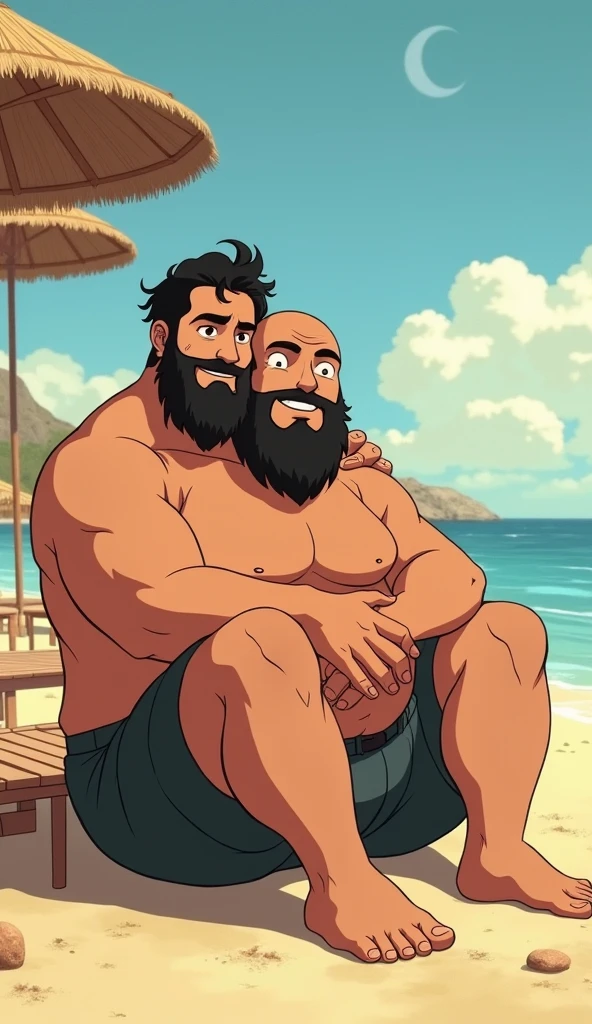Two very burly men,Thick beard,Very fat and strong,Nudie,Wear gray-blue panties,The chest hair is very exuberant,bald-headed,There is a Maori totem tattoo on the right shoulder,Have by the sea,hugs
