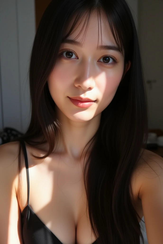 ((((upper body shot)))),((((Nude)))),(((nipples))),(((sagging breasts))),Ultra-high resolution,big eyes,Japanese,(a girl),(1 girl),long hair,pretty,grin,((arms behind back))