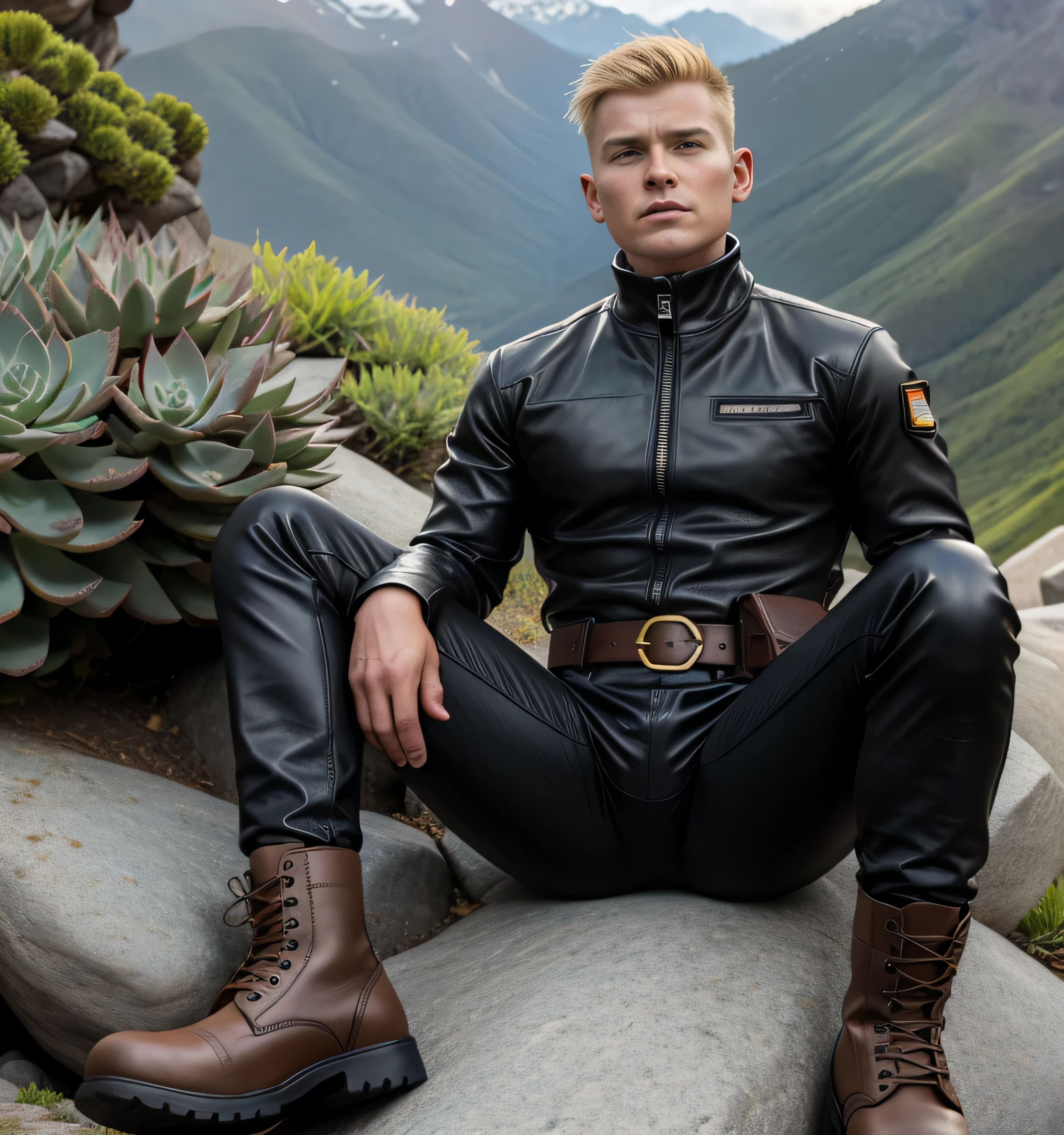 40 years old,one man,、succulent、black turtleneck shirt、black leather slim pants、Shocker Belt、Combatant、Mountain trail。Sit on a rock with your legs wide open。logic,Gay ,Blonde head、very short hair。 front succulentの大柄の男 blonde blonde American faces military boots upper body up as seen from below。 one man upper body up