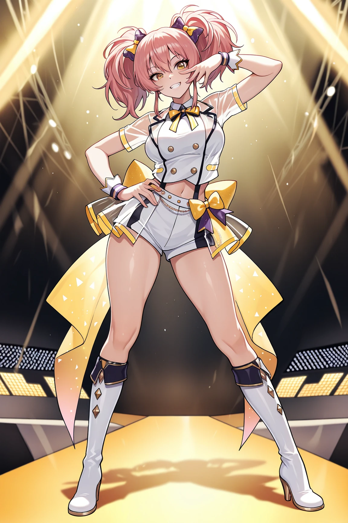 masterpiece, best quality, ultra detailed, ultra high resolution, very detailed face, anime, from bottom angle, ((solo)), (((girl, golden short hair))), ((sports bra)), medium breast, slender body, (six pack abs:1.20), ((microphone)), smile, open mouth, on the live stage, neon