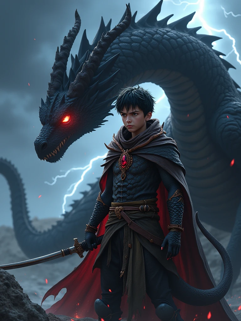 Man with black hoodie and red eyes on top of a dragon