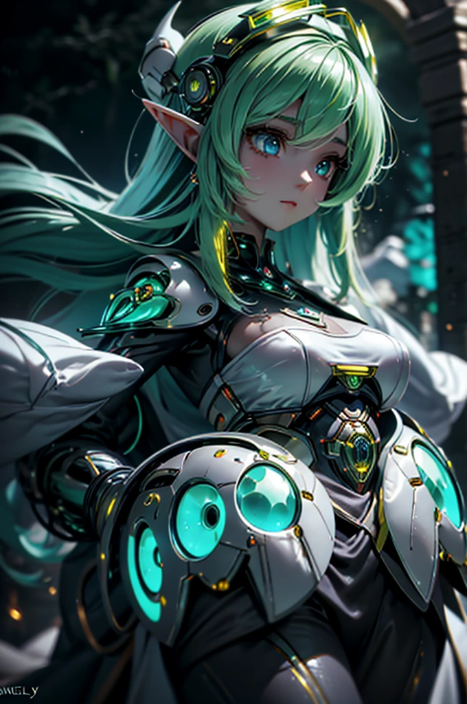west scroll shooting,21 years old girl, 1girl, blue eyes, brown hair, long hair, PastelColors, silhuette,weapen,mechanical parts