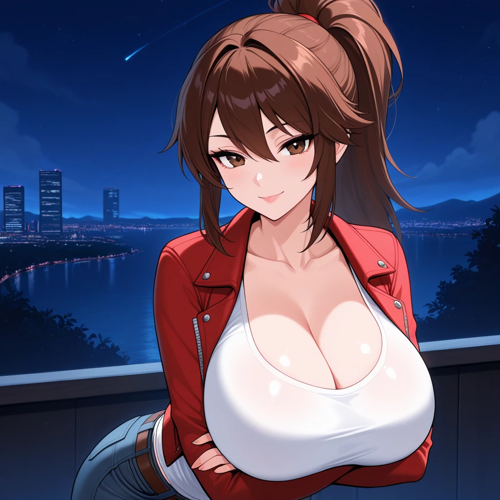 A woman with an open red coat, wearing a black bikini, big breasts, long black hair, red eyes, on a race track, at night, smiling, ultra resolution, very detailed, masterpiece, 2k hd.