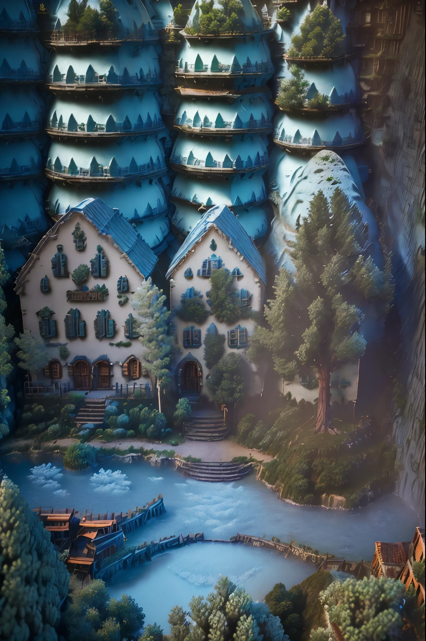 ((Old town in the middle of the mountains, vegetacion cielo, nubes sol ,realistic:1.3)),( High Quality, hiperrealistic, 8K, Raw Photos, Premium quality, masterpiece, epic lighting. close, centered image)