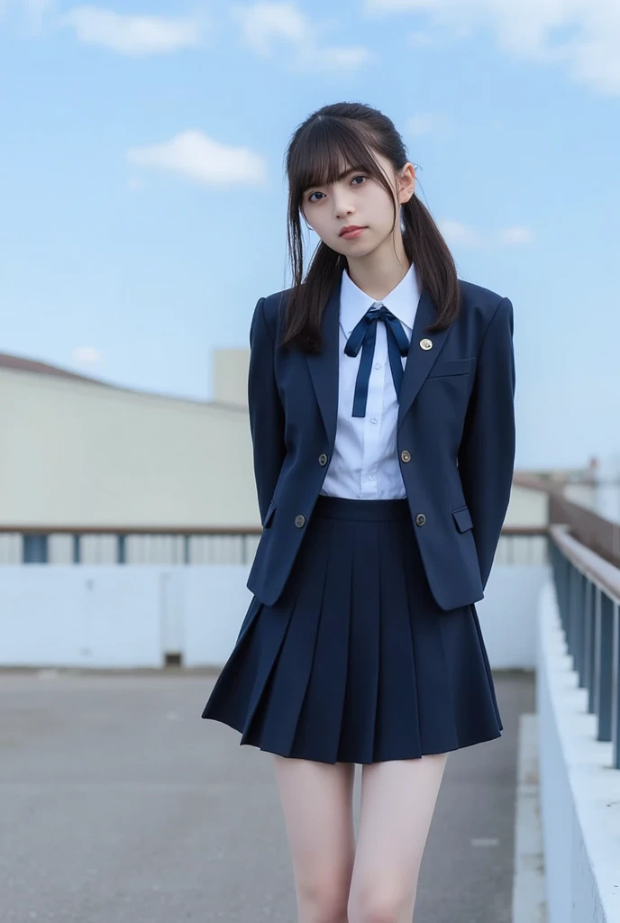 One Woman、((blazer、Checked mini skirt、 High School Uniform)),((small breasts)),Highest quality、Very delicate and beautiful、((Very short bangs))、((Bangs))、Highest quality、Very delicate and beautiful、((Very short bangs))、((blunt bangs))、つやのあるシルクのようなBlack Hair、The hair is light、((Black Hair、Straight Hair))、Cute face、Young face、Cute like an idol、Are thin、Slim figure、slender、Short、 body type、Are standing、Photographed from the front、Nice thighs、In town、
