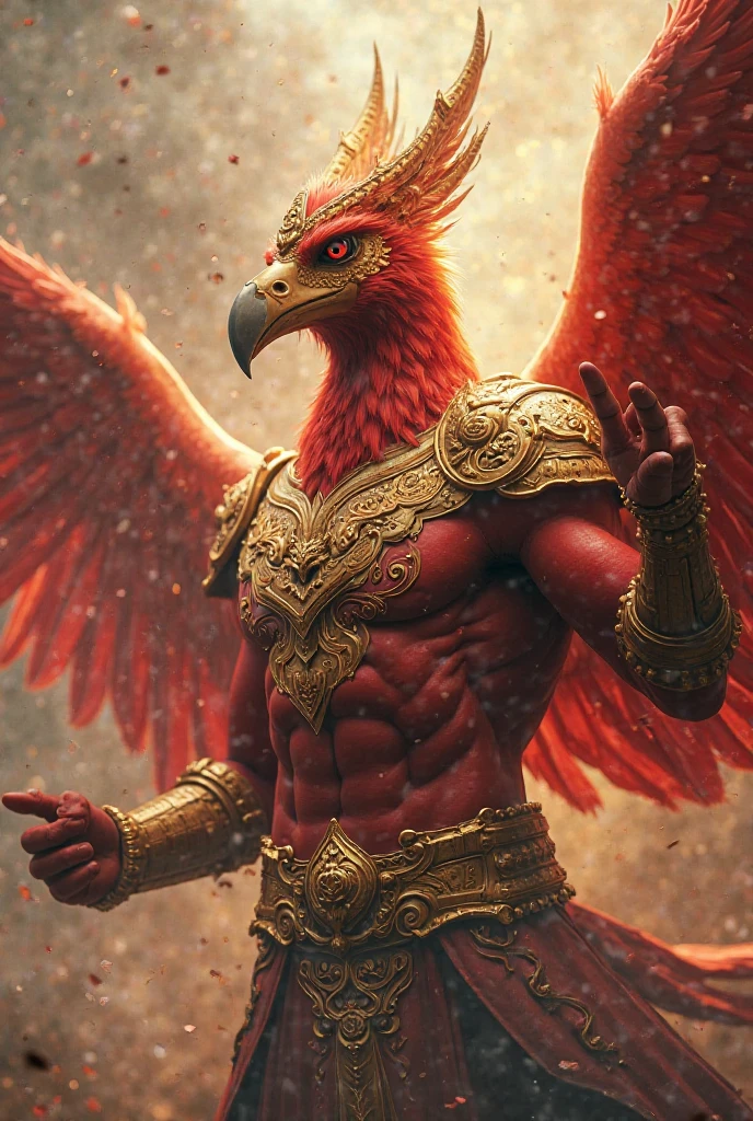 Garuda, Anthropology, has the head of a male anthropomorphic bird. 1 Garuda, the head of which is a bird. The head and appearance are that of a bird. Has a bird's head, red feathers, red eye details, muscular body, best anatomy, red skin, red feathers on the body. Big red wings spread out. Perfect wingspan Wear jewelry made from gold with Thai designs. Gold jewelry adorned with diamonds sits on the head of a red bird. Wear a gold chain on the left and right on the chest. Wear bright red pants, Thai silk with a Thai pattern and a gold waistband. Beautiful red cloth, ancient Thai cloth, holding a sword, hands and legs having the appearance of a complete bird. perfect hands, legs, feet Standing on the grass, looking straight, standing fully, body with the most refined skin. red skin body Maximum feather detail. Red feather. Maximum eye detail. Red eye.
Maximum anatomical detail Details, cloth, accessories, Thai warrior armor, ultimate weapon Masterpiece quality Realistic photos The most realistic picture Maximum realism and detail The best light The best quality of light and shade World class photography studio Best close-up view The backdrop of a Thai temple castle is made of gold, onyx, emerald, and diamond. The most perfect The background is the sky, clouds, fog. Feeling natural and realistic