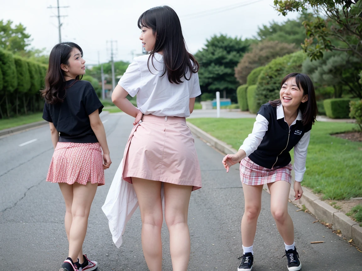 nsfw,((masterpiece, 最high quality, 超high quality, high quality, Very detailed,16K, Complex, Perfect Anatomy, Shiny skin, Cowboy Shot, Ray Tracing,Light hits the front of the body)),Three happy girls sitting in a row on chairs, All  shots,Take a full body photo、Have fun and laugh、She lifts her short shirt to show her breass Sneakers,skirt、White sneakers, Black Hair, detached houses, Flowers,Happy girl with round face, Big eyes, Long eyelashes, Full-body display、Obscene pubic hair、大きくSpread your legsいる、Spread your legs、Raising his leg、skirtリフトしてパンティを見せている、Angle from directly below、I can see her white lace panties、
