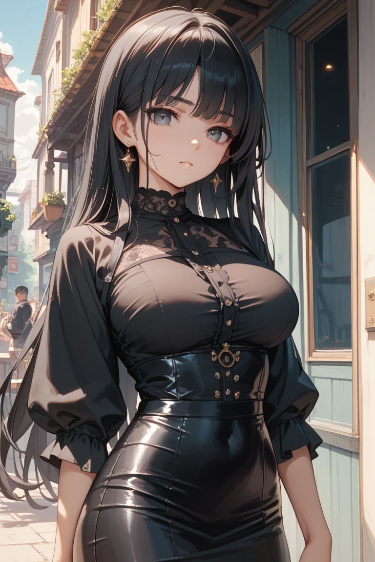 masterpiece, best quality, 1girl, solo, adult, right hair is white and left hair is black, long hair, earrings, gold yellow eyes, detailed face, black crop top, large breasts, shorts, stocking, arm belt, infront of viewer, empty look, 