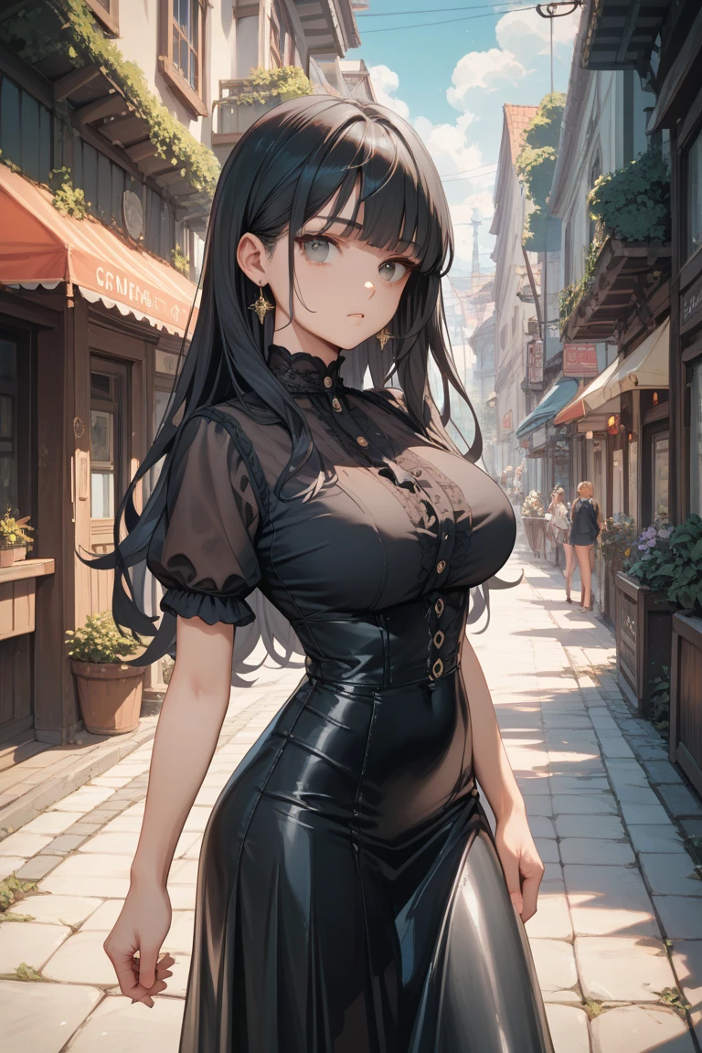 an adult, mature woman, sculpted body, overweight 100 kilos, long black hair tied in a ponytail, big tits, wearing a long neon pink qipao and a leather pleassed skirt that leaves her shoulders showing, full body photo, work of art, best quality, detailed eyes , detailed lips, red lips, silver eyes, on top of a building in a futuristic city, low light pollution, night sky