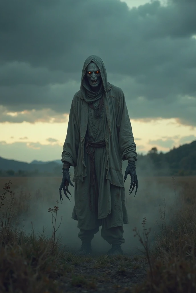 Scarecrow with a macabre mask in the cornfield at dusk on a rather macabre day with fog in the background