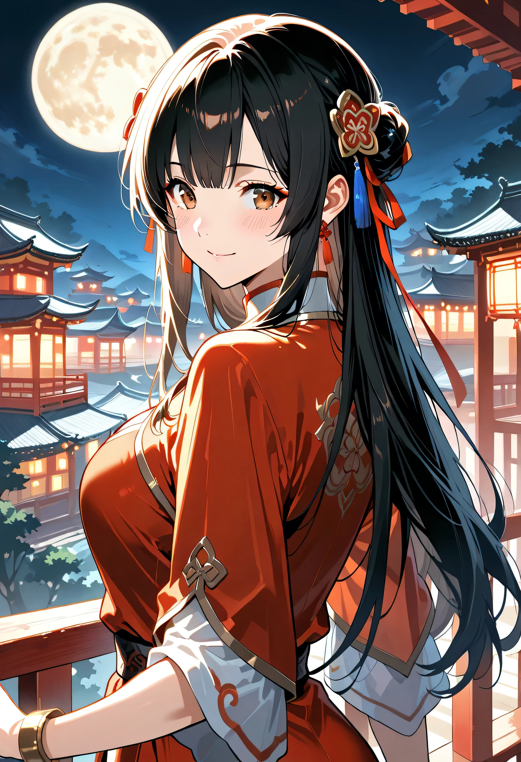 score_9, score_8_up, score_7_up, source_anime, masterpiece, 1girl, solo, black hair, long hair, brown eyes, hair ornament, chinese clothes, cleavage, (girl with one gold bracelet), kind smile, blush, BREAK in the night, moon, red clothes, on chinese verandah, hands on railing, upper body, looking back, from behind