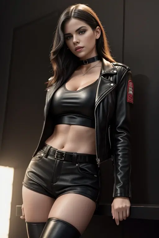a 21 year old Lana Reeds, black shorts, red leather jacket, black crop top, high waisted shorts, large breasts, high thigh boots, choker necklace, photo style by Arny Freytag, highly detailed, photorealistic, 8k, masterpiece, chiaroscuro lighting, dramatic lighting, fashion editorial, glamorous, moody atmosphere, dark and sensual, full body shot, curvy body with slim waist