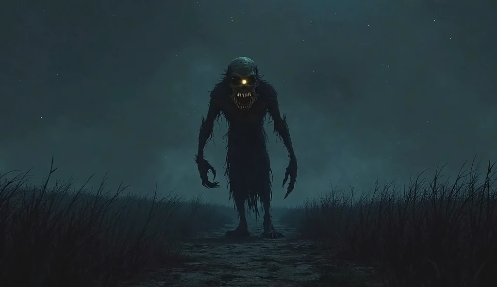 a hasty taken old photo at night that portrays a menacing large creature with glowing green eyes and sharp teeth emerging from a dark grassy field near a road. The creature's posture suggests it's lunging or approaching the viewer creating a sense of impending danger. The overall atmosphere is eerie and foreboding.<lora:- Flux1 De-Distilled - temp_haunting_cre_1.0-step00002400:.7>