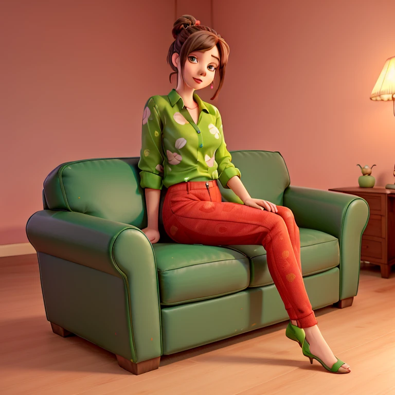 (YES SFW), Irish redhead woman with short bob haircut taking a selfie in the mirror wearing naughty beige trousers and green sweater. Visible mirror. Many details in the mirrored room such as forniture, lamps, tends, window, bed, shoes. [The character is surrounded by mist, evoking a mysterious and eerie atmosphere. The lighting is dark and atmospheric, with a red smoke adding a touch of sinister ambiance. The image is of the best quality, with a resolution of 4k and HDR enhancement, showcasing the utmost level of detail and realism, sfw, full body shot.]. [8K, Best Quality, Masterpiece, Ultra High Resolution, (highly detailed CG unity 8k wallpaper), (best photo), (best shadows), isometric 3D, octane rendering, ray tracing, highly detailed, (Best quality, 4K, 8k, A high resolution, masterpiece:1.2), absurdity, masterpiece, ultra detailed, (realistic, photorealistic, photorealistic:1.37), complex parts, HDR, (complex parts:1.12), (hyper detailed, hyper realistic, Soft lighting, spicy:1.2), (complex parts, Hyper detailed:1.15). Blurred foreground. (backlit), realistic, masterpiece, high quality, brightness, chromatic aberration, 8k uhd, some smoke, shadows, contrast, clear sky, (warm hue, warm tone), high details, natural reflections]. 
