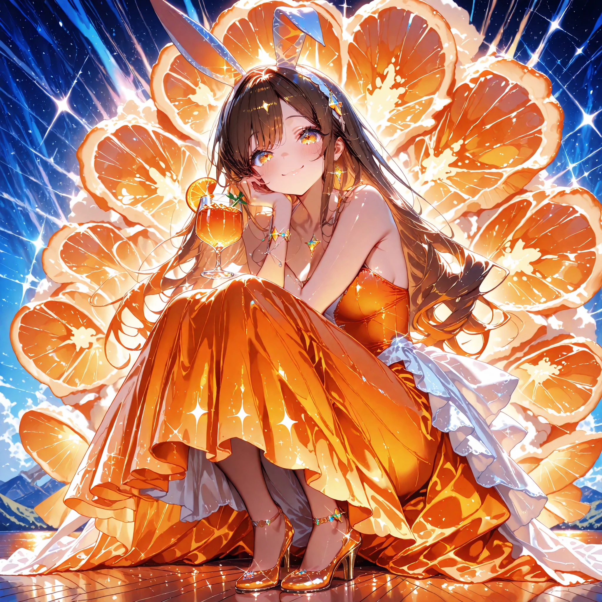 masterpiece, best quality, absurdres, highres,full body shot, one girl,Fantastic landscape ,Sparkling jewels ,Sitting and drinking a cocktail,Rabbit headband, Bright orange long dress, brown hair, Long hair,moist eyes, smile, ultra-detailed, high-quality,