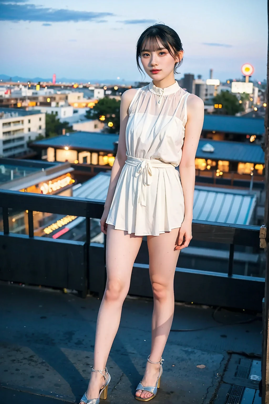 ((Top Quality, 8K, Masterpiece: 1.3)), Focus: 1.2, Perfect Body Beauty: 1.5, Ass: 1.2, (Wet Clothes: 1.1), (Night, Rooftop: 1.3), Bando Dress: 1.1, Highly Detailed Face and Skin Texture, Narrow Eyes, Double Eyelids, Whitening Skin, (Shut Up: 1.3), Smile, Brown Hair, Bob Hair, Leaning Eyes, Muscular, Slender, Full Body, Detailed Fingertips, One WomanSolo, Clothed, Beautiful Legs, Clothed, White Dress
