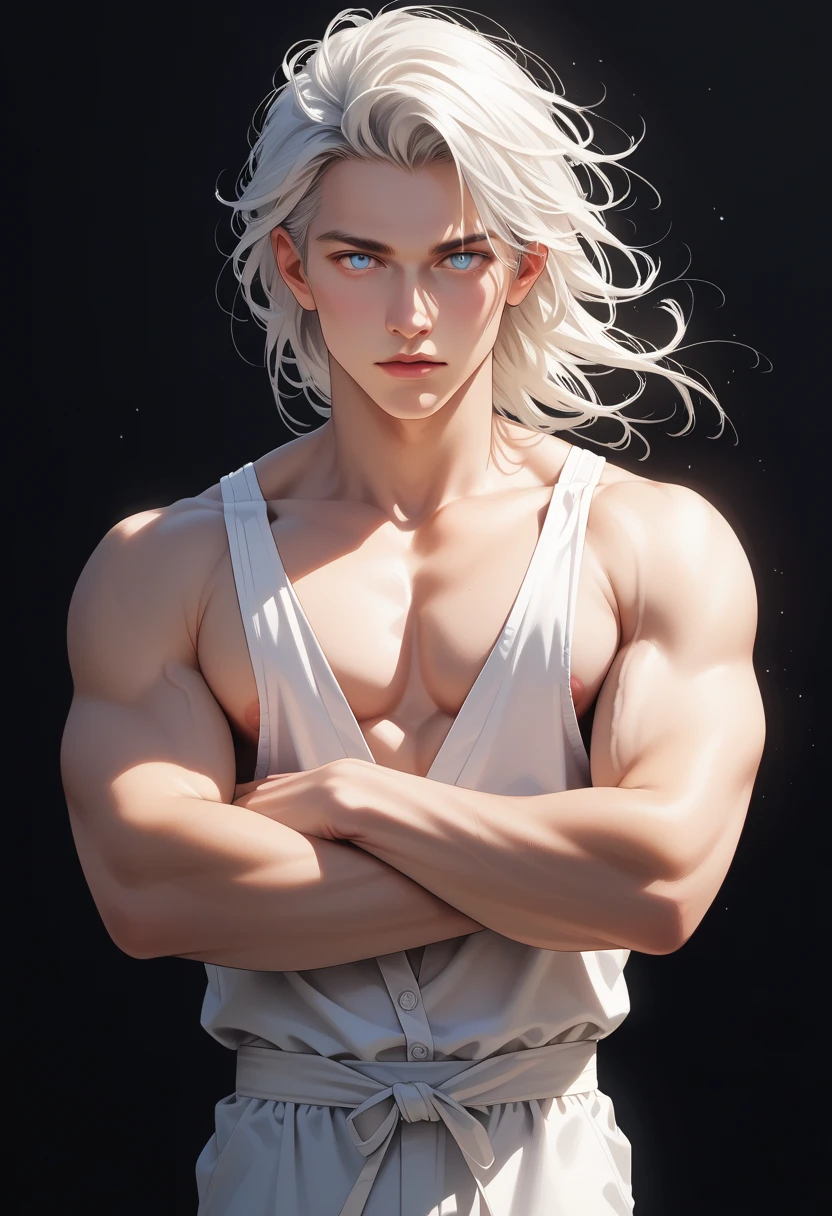 ["Male" + "Men" + "no beard" + "Low platinum blonde hair with a formal cut" + "handsome" + "thin, straight, slightly slanted eyes" + " gray blue eyes” + “intense gaze” + “defined jawline” + “pale white skin” + “thick platinum blonde eyebrows” + “big straight nose” + “intimidating small pupils” + “wide waist” + “stoic and naturally disinterested face” + “broad shoulders” + “very muscular body type” + “large and strong chest” + “slightly long face” + “diamond-shaped face” + “Chiseled Jawline” + "thick neck"]