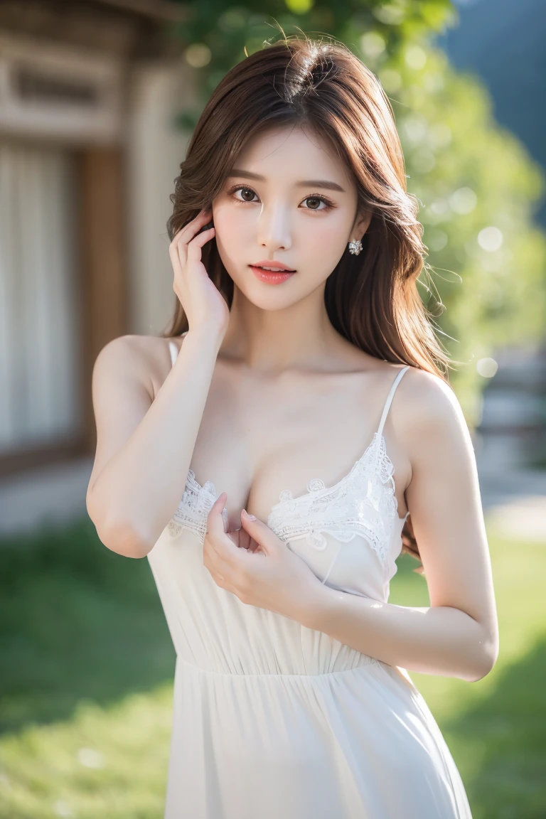 (highest quality), (Super detailed), (illustration), (detailed light), (very delicate and beautiful), ung girl, brown hair, brown eyes, model, bare shoulders, highest quality, Highly detailed CG integrated 8k wallpaper, High resolution raw color photos, professional photos, (((Bokeh))), Depth of the bounds written, twilight, sunset,smile、stand up straight、Japanese beauty、perfect face、perfect body line、exposing one's chest