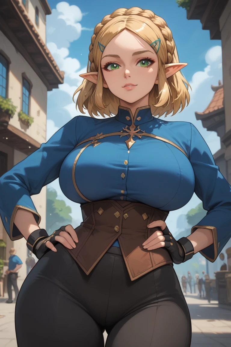 An adventurer guild clerk girl, sexy body, big breasts, big hip, ((green clerk outfit, red necktie, green beret, short cape, white leggings, leather gloves, leather high heels boots, leather belts and pockets, dagger on hips)), (low brown braided-twintail hairstyle: 1), brown eyes, smiling, (cute expression: 1), beautiful face, detailed face, very detailed, beautiful eyes, close up shot, high quality, detailed background, high resolution, 8k resolution, ultra high detail, beautiful skin, perfect body, perfect anatomy, adventurer guild background,