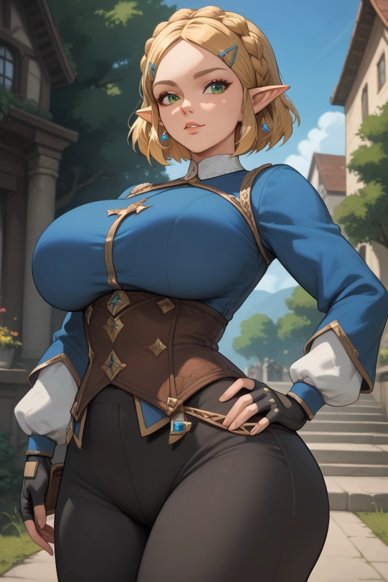 Cowboy Shot,(Golden Ratio,Tabletop, highest quality, highest quality, Official Art, beautifully、aesthetic:1.2), Very detailed, colorful,Best details,An illustration, Fantastic scene, (adult,19 years old,One Girl, alone, Final Fantasy 12,Asheria, short hair, short hair,Asheria Costume, huge , mini skirt,Knee socks, Thighs Thighs Thighs Thighs, gem, Blue Belt,One number on the belt),Course of action, Contemptuous look , Hands on hips、